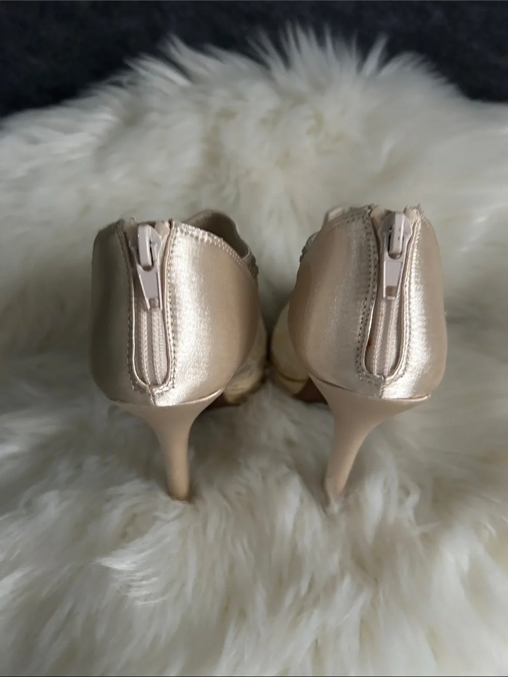 Michaelangelo Champagne Lace Peep-Toe Heels with Rhinestones